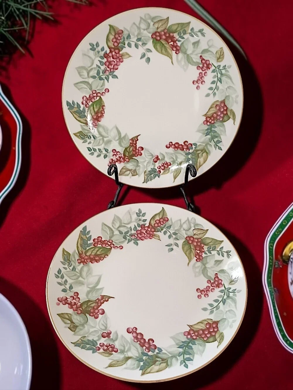 2 Restoration Hardware Festive Berry Plates Salad Side Christmas Botanical RH